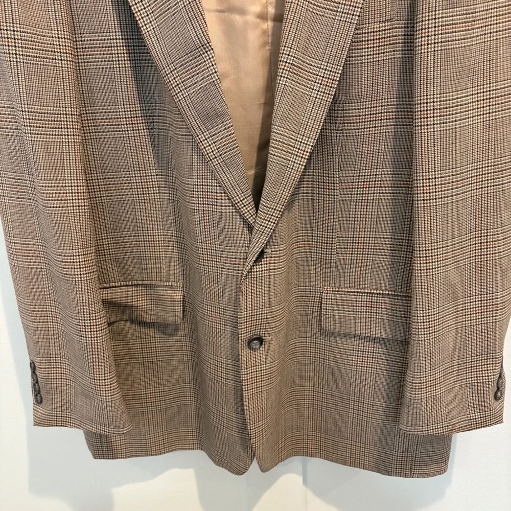 Men's Robert Stock Tan Glen Plaid Sport Coat Blazer 46L Long Wool Blend
